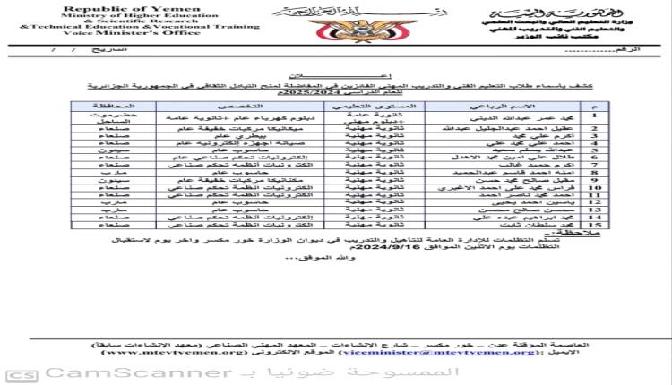 "التعليم العالي" تعلن أسماء الفائزين بالمنح الدراسية المهنية في الجزائر للعام الجامعي القادم